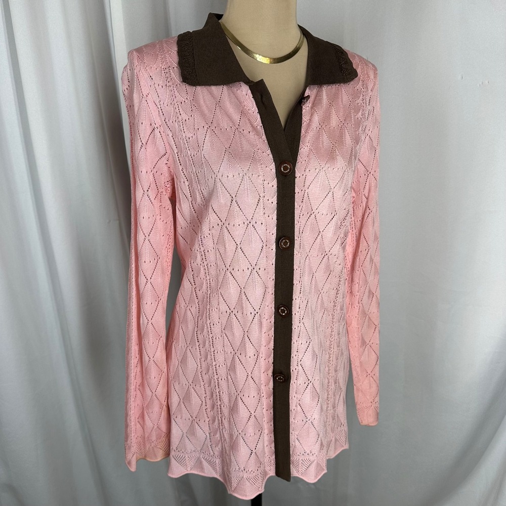 Misook Pink Brown Pointelle Knit Tunic Cardigan Top XS Vintage Y2K